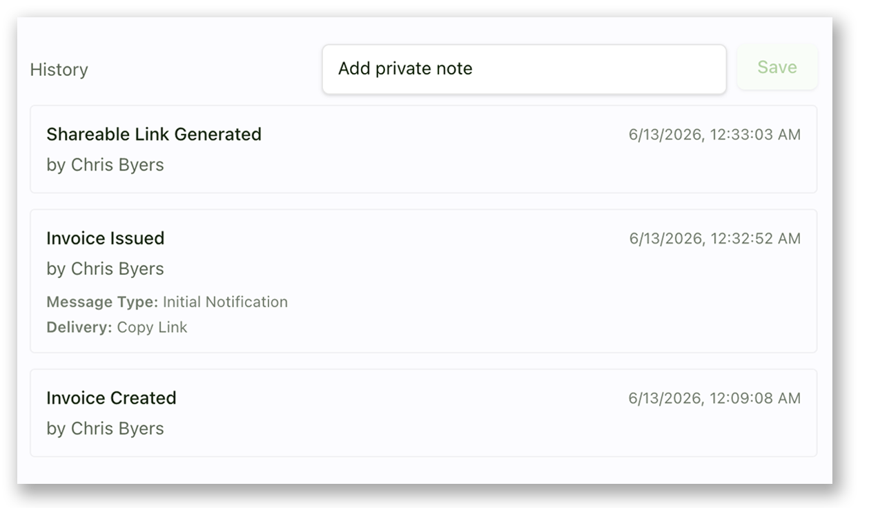 Billable Hub invoice workspace with payment, credit, and account history controls