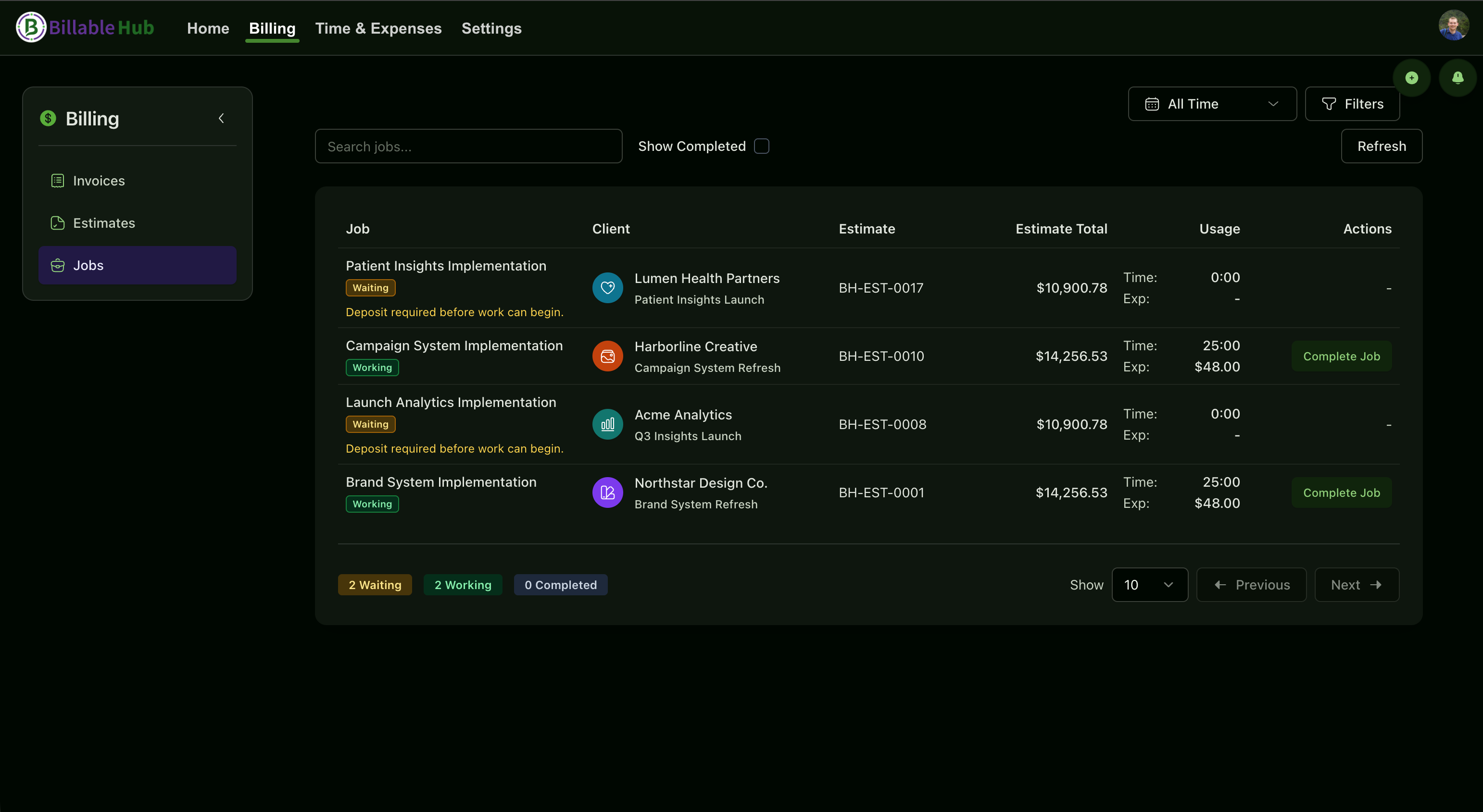 Billable Hub dark-mode Jobs workspace showing waiting, active, and completed client work