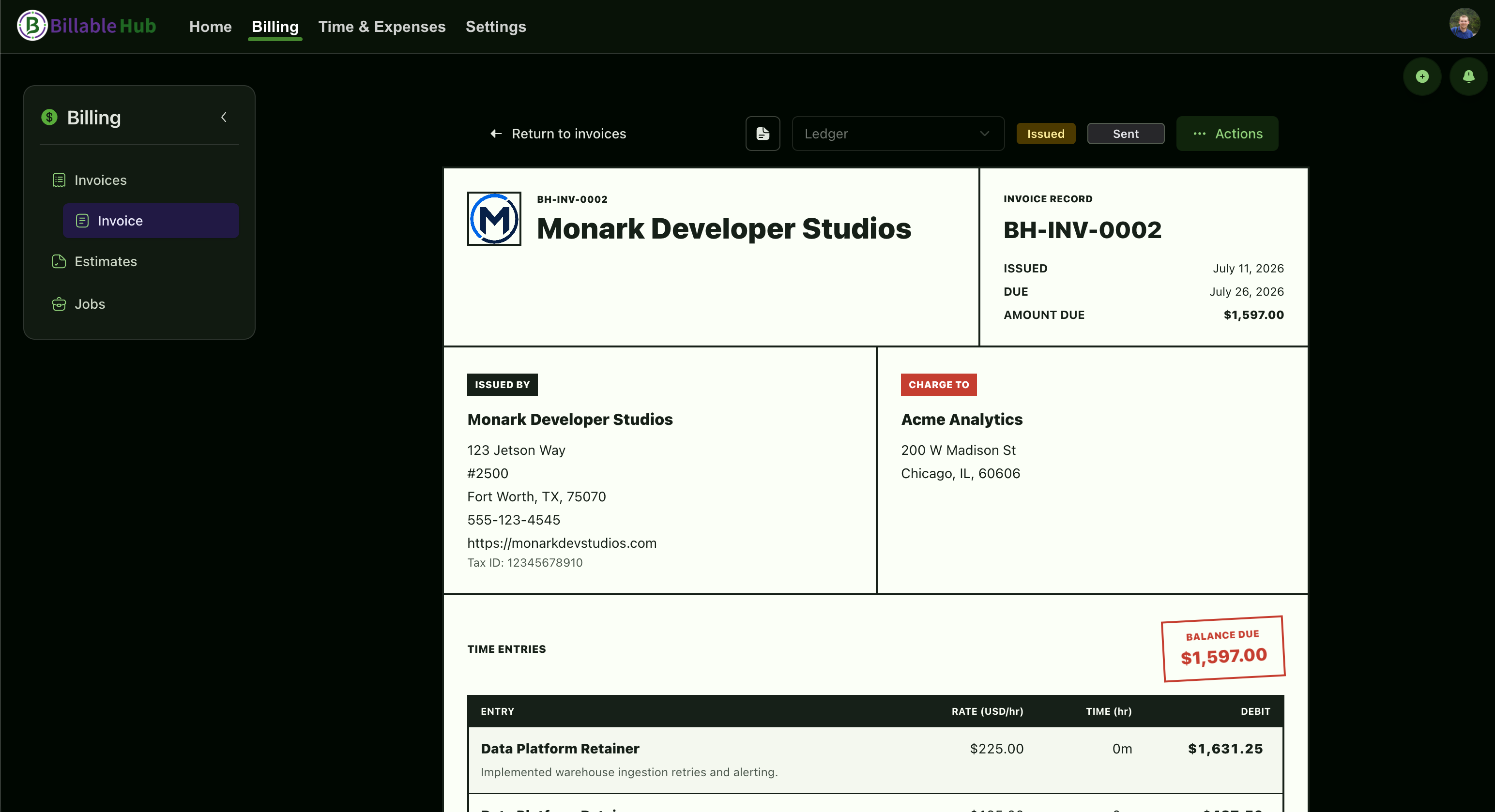Billable Hub dark-mode invoice view with client details, itemized work, balance, ledger selector, and document actions