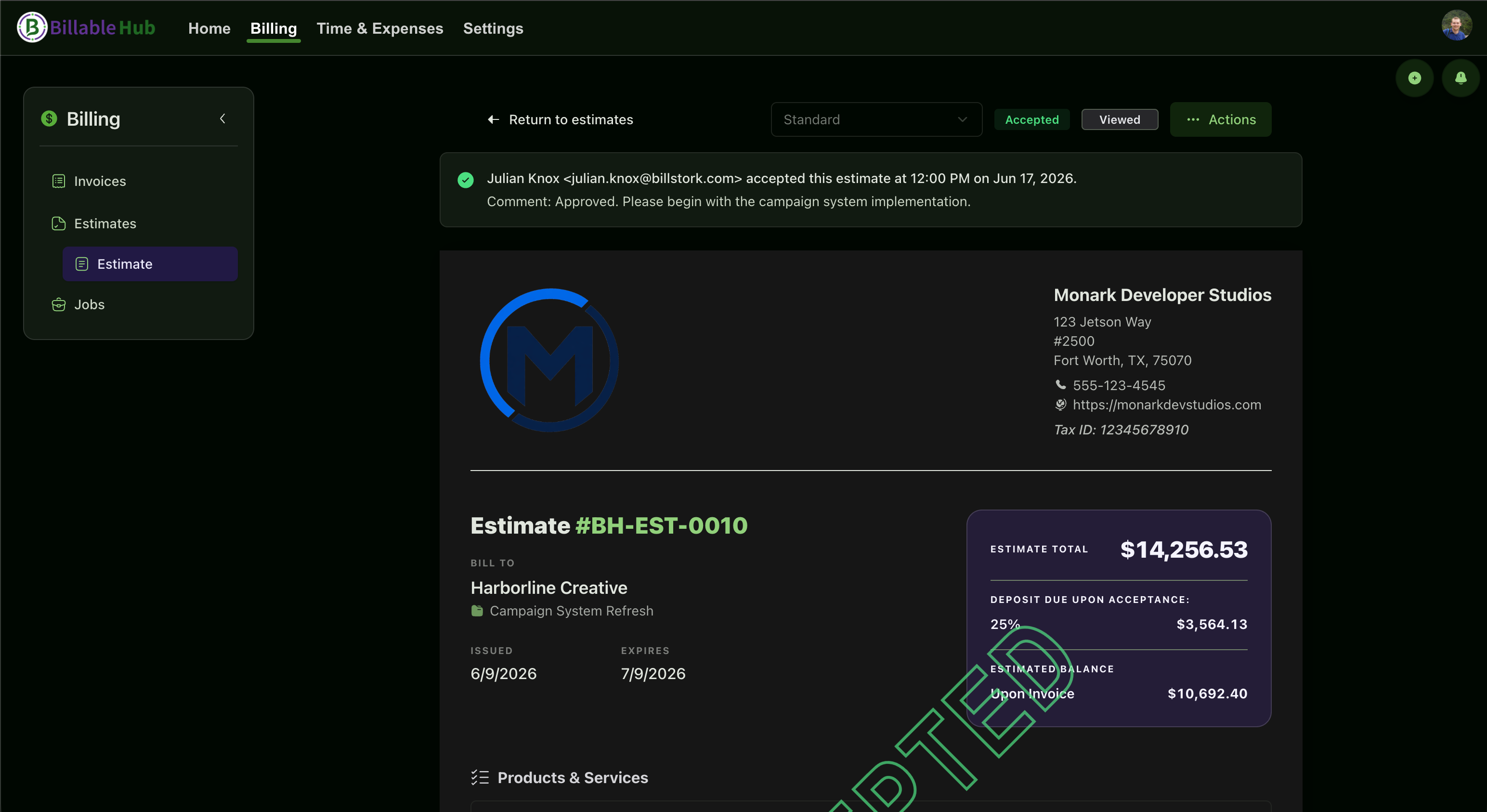 Billable Hub dark-mode accepted estimate with client, itemized services, total, and acceptance status