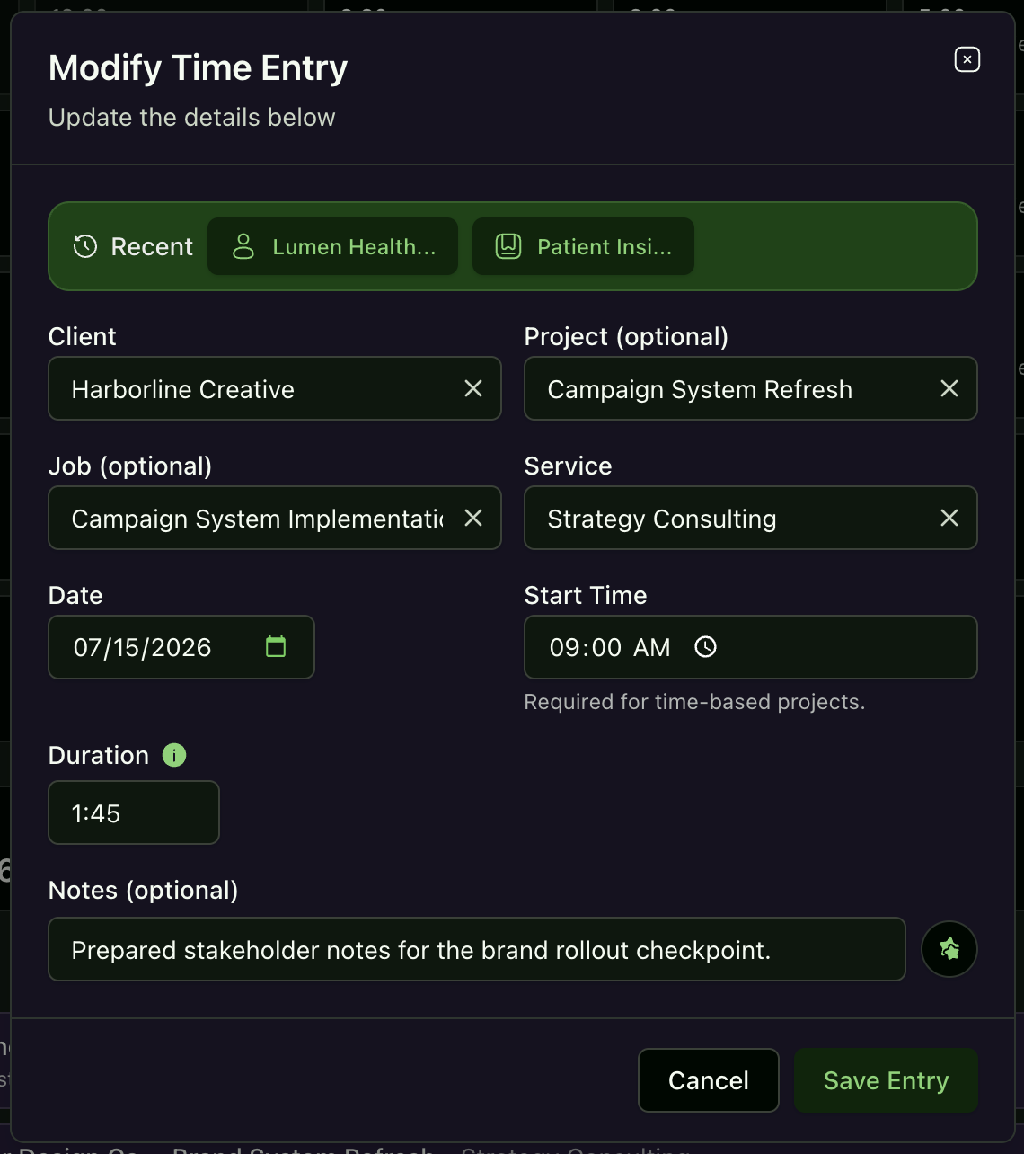 Billable Hub dark-mode time-entry form with client, project, job, service, date, time, duration, and notes