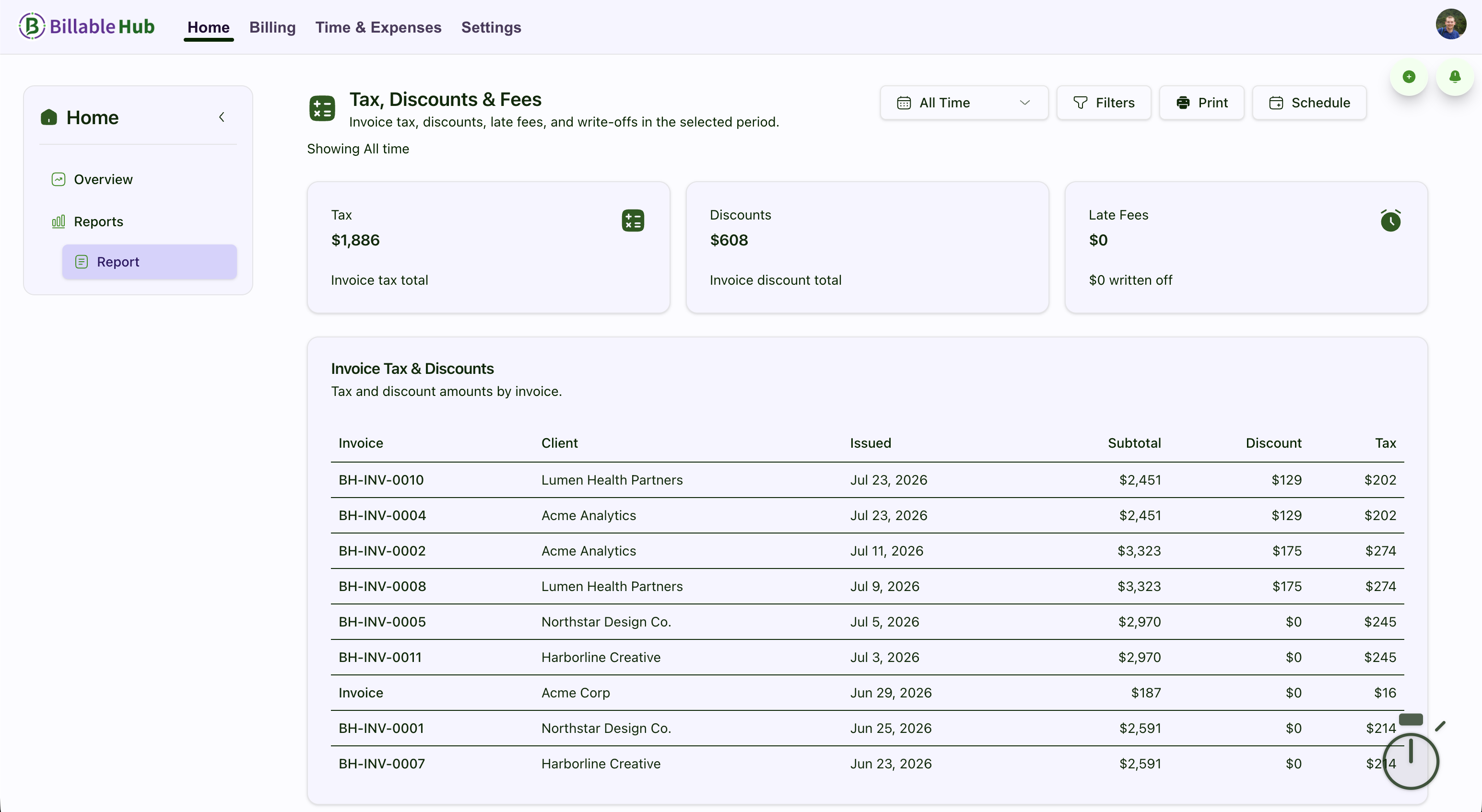 Billable Hub tax, discount, and late-fee report with invoice-level billing details