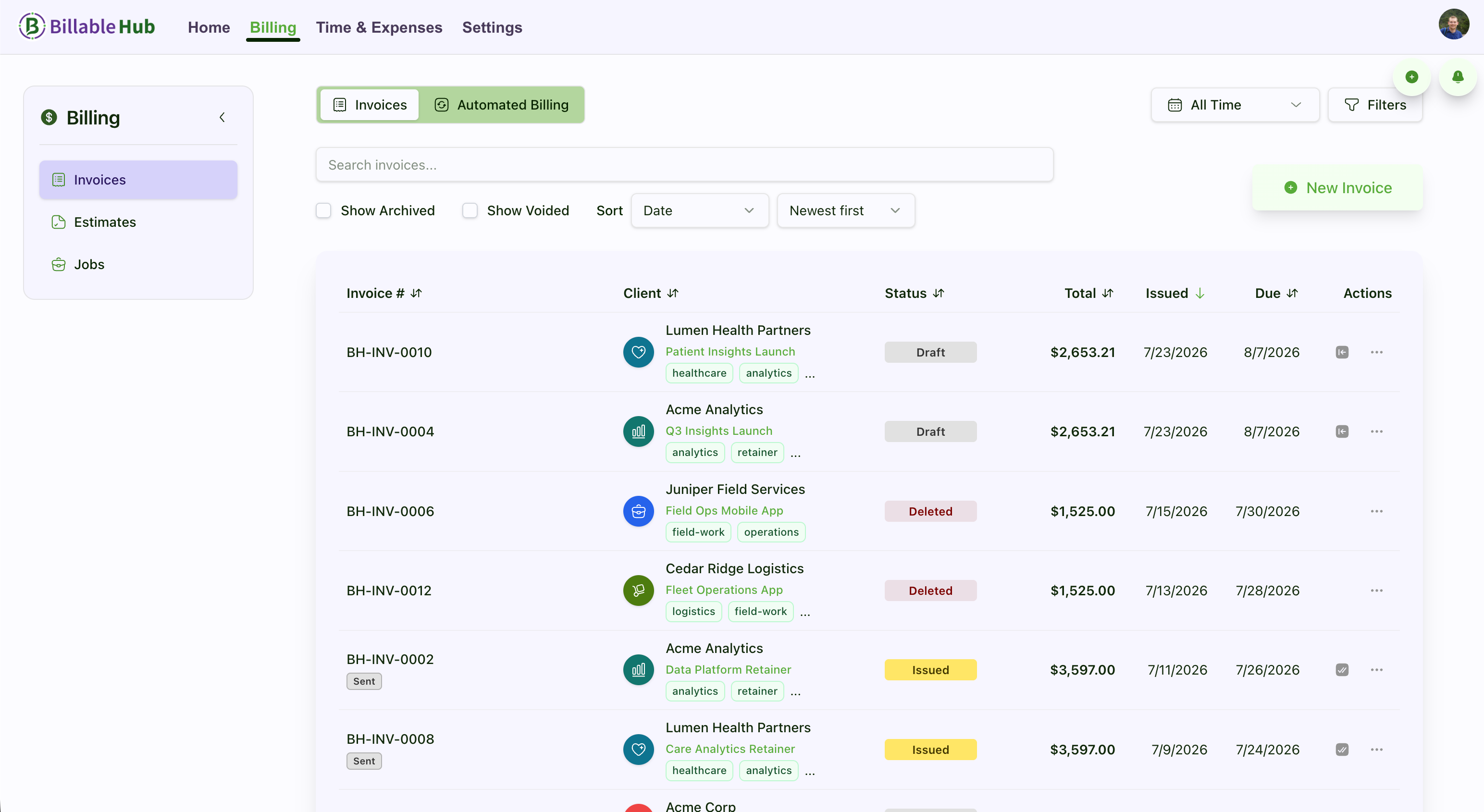 Billable Hub invoice list showing client, status, total, issued date, due date, and actions