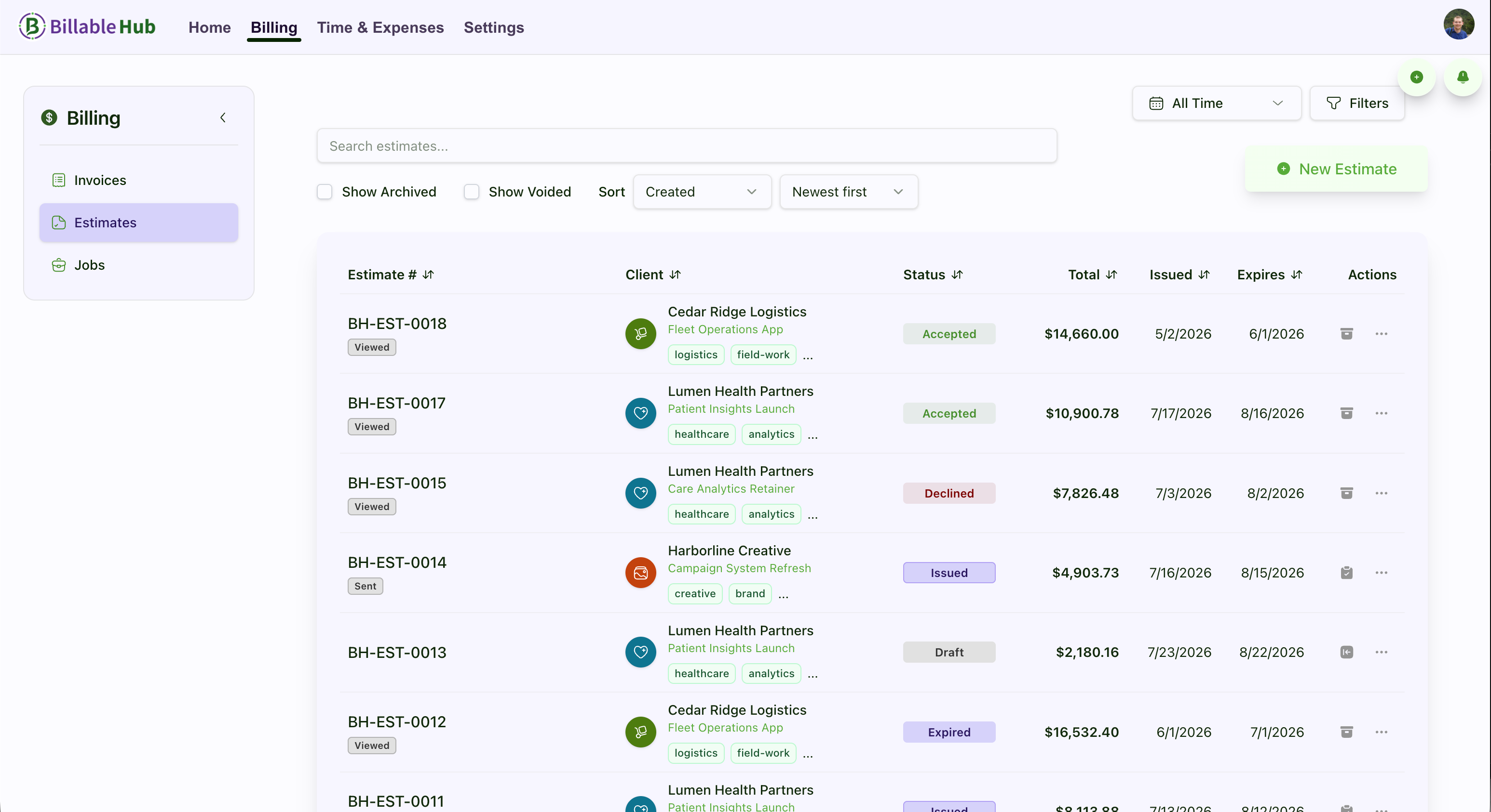 Billable Hub estimates list showing clients, approval states, totals, issue dates, and expiration dates