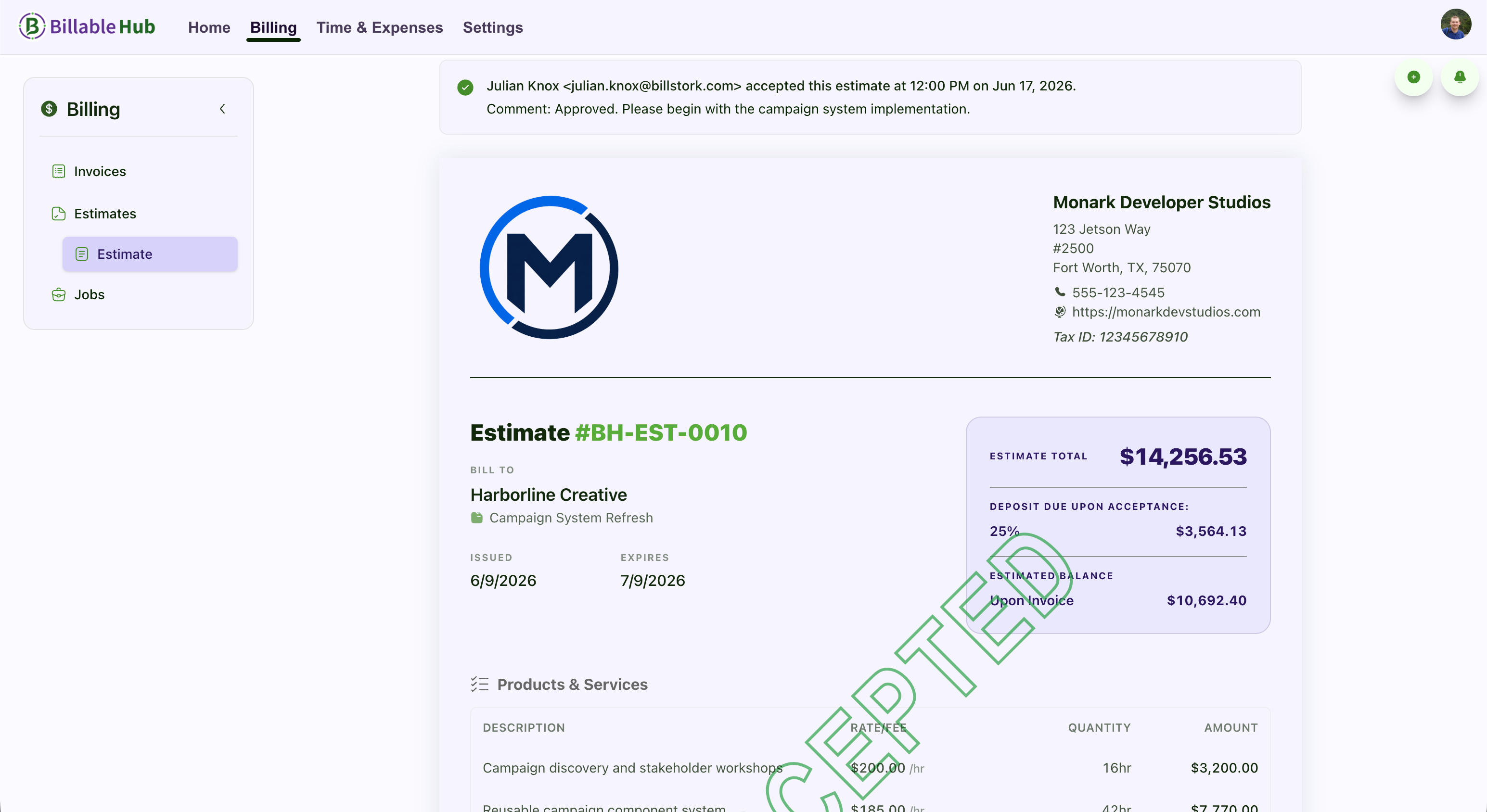 Billable Hub accepted client estimate with organization branding, itemized services, total, and acceptance details