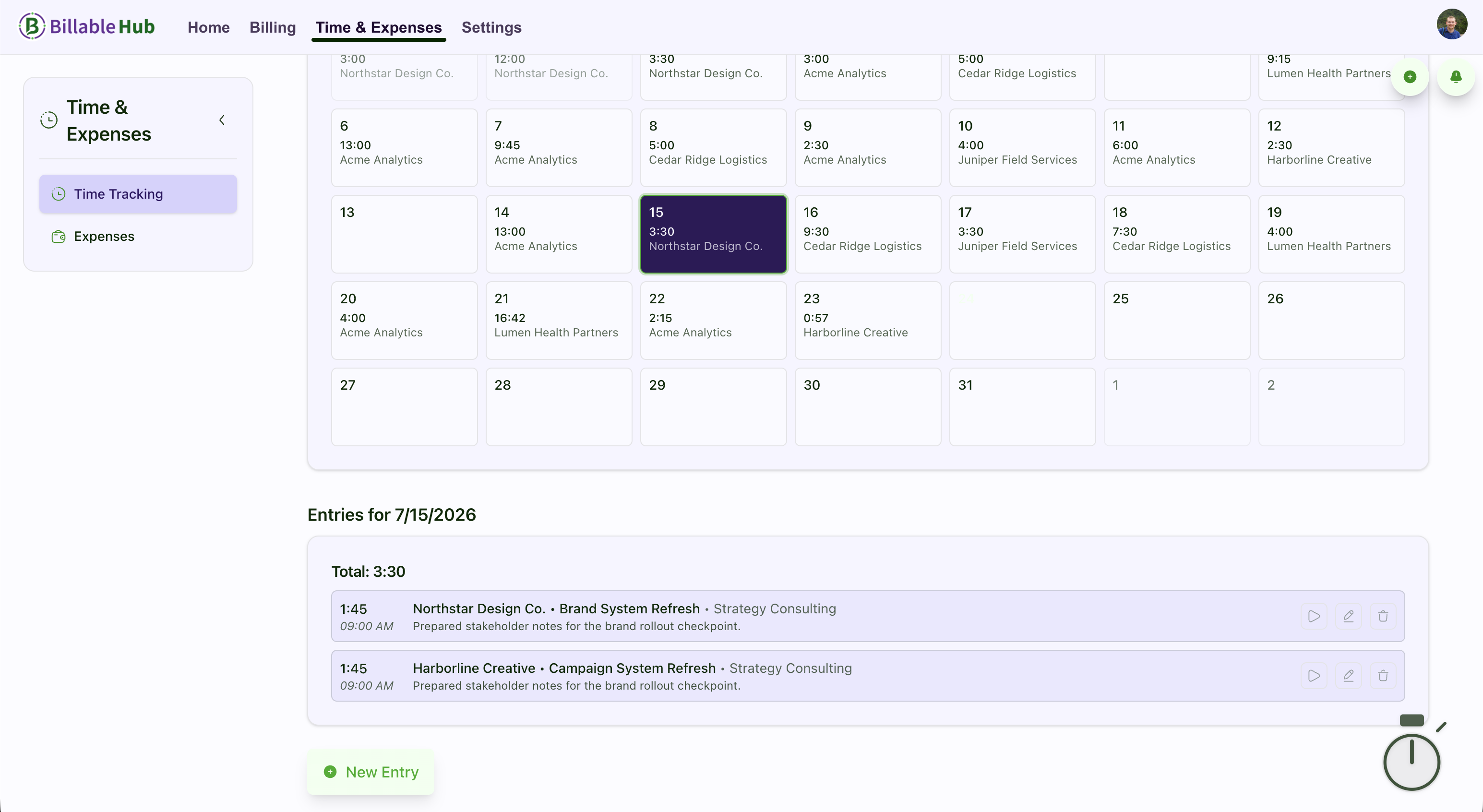 Billable Hub time-entry calendar with daily totals and client work entries