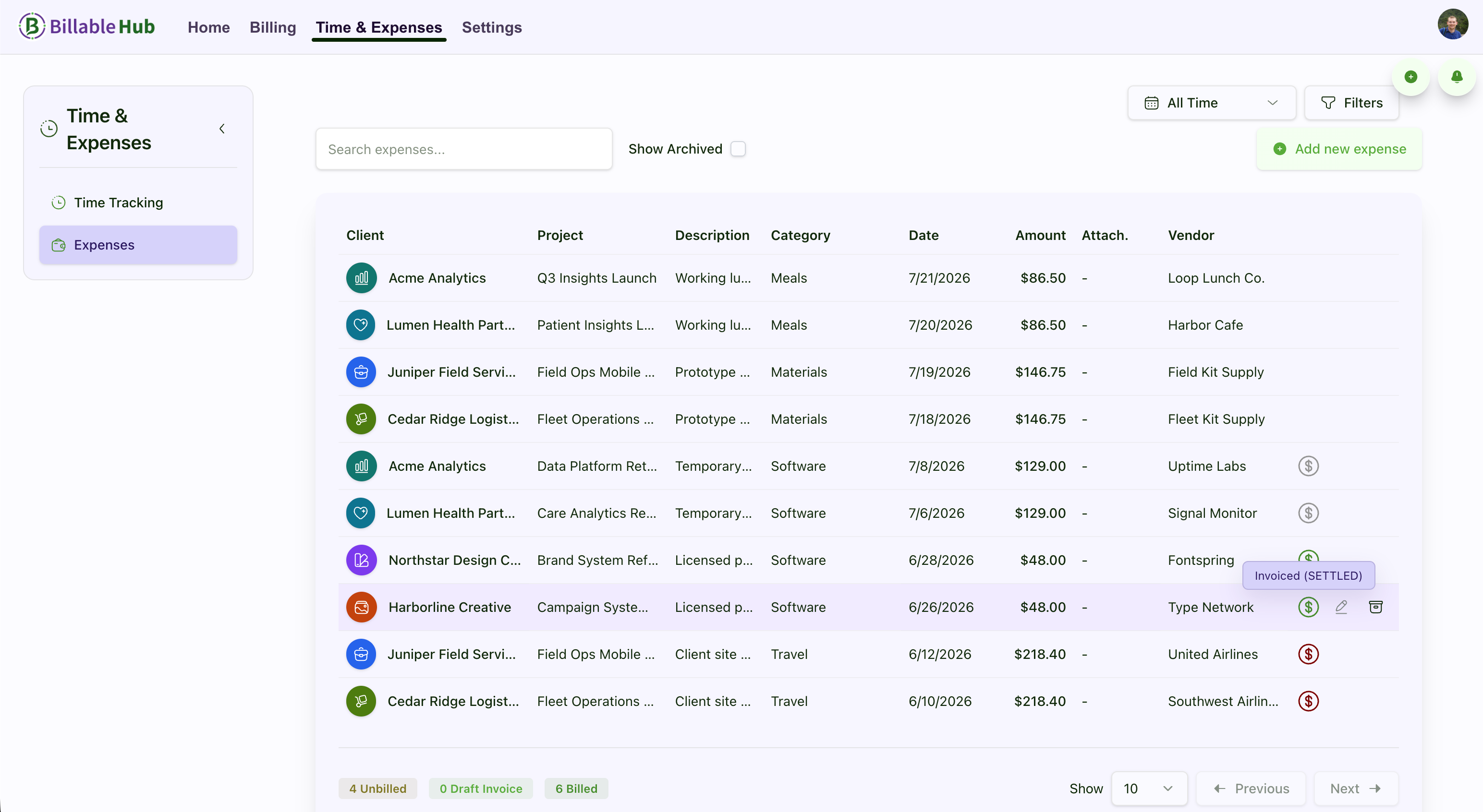 Billable Hub project-expense list with clients, projects, categories, amounts, attachments, and vendors