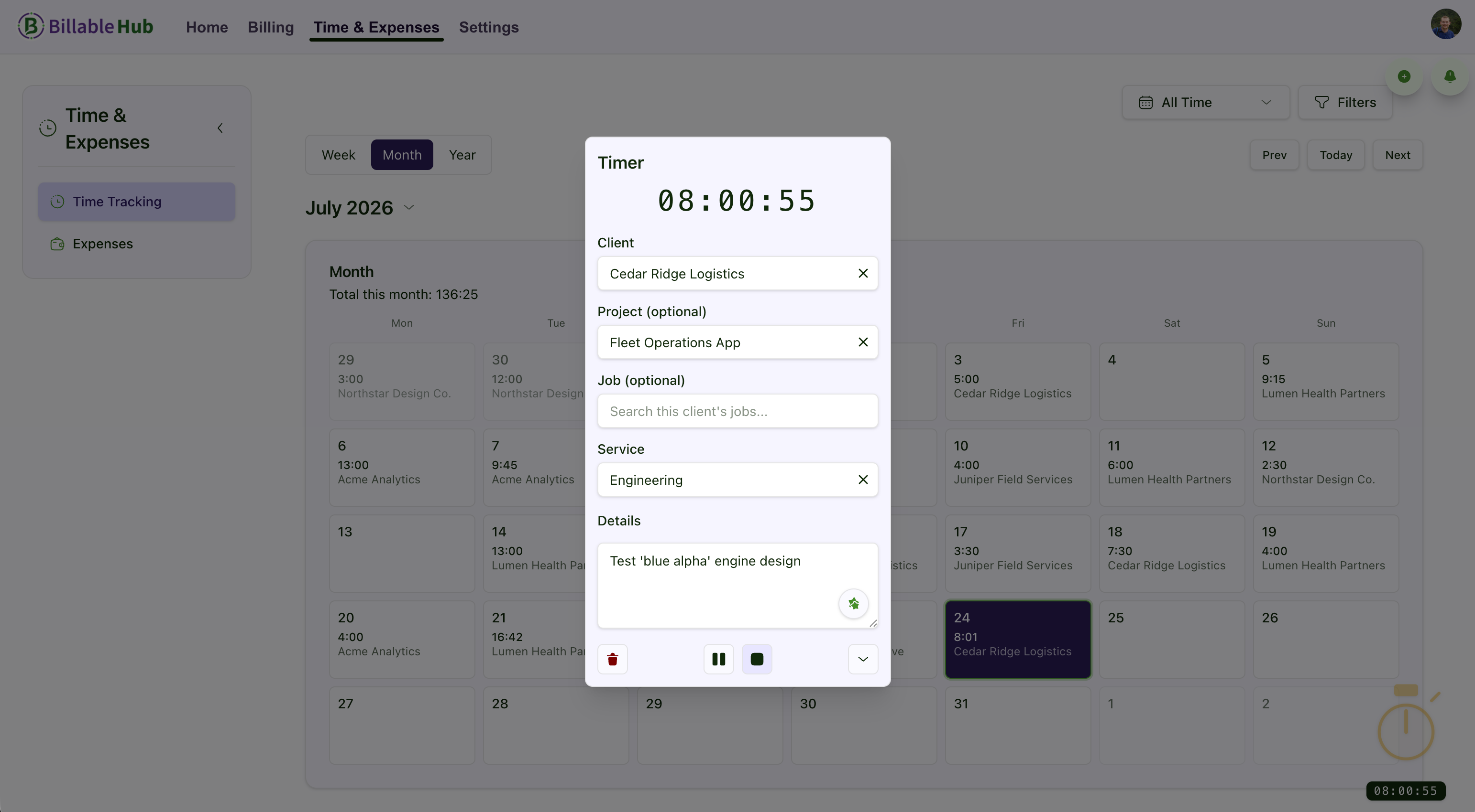 Billable Hub running timer attached to a client, project, job, service, and work details