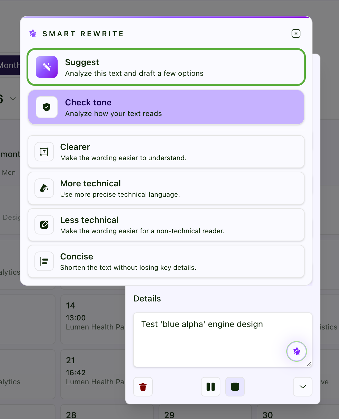 Billable Hub Smart Rewrite menu showing tone and wording options for a time-entry description