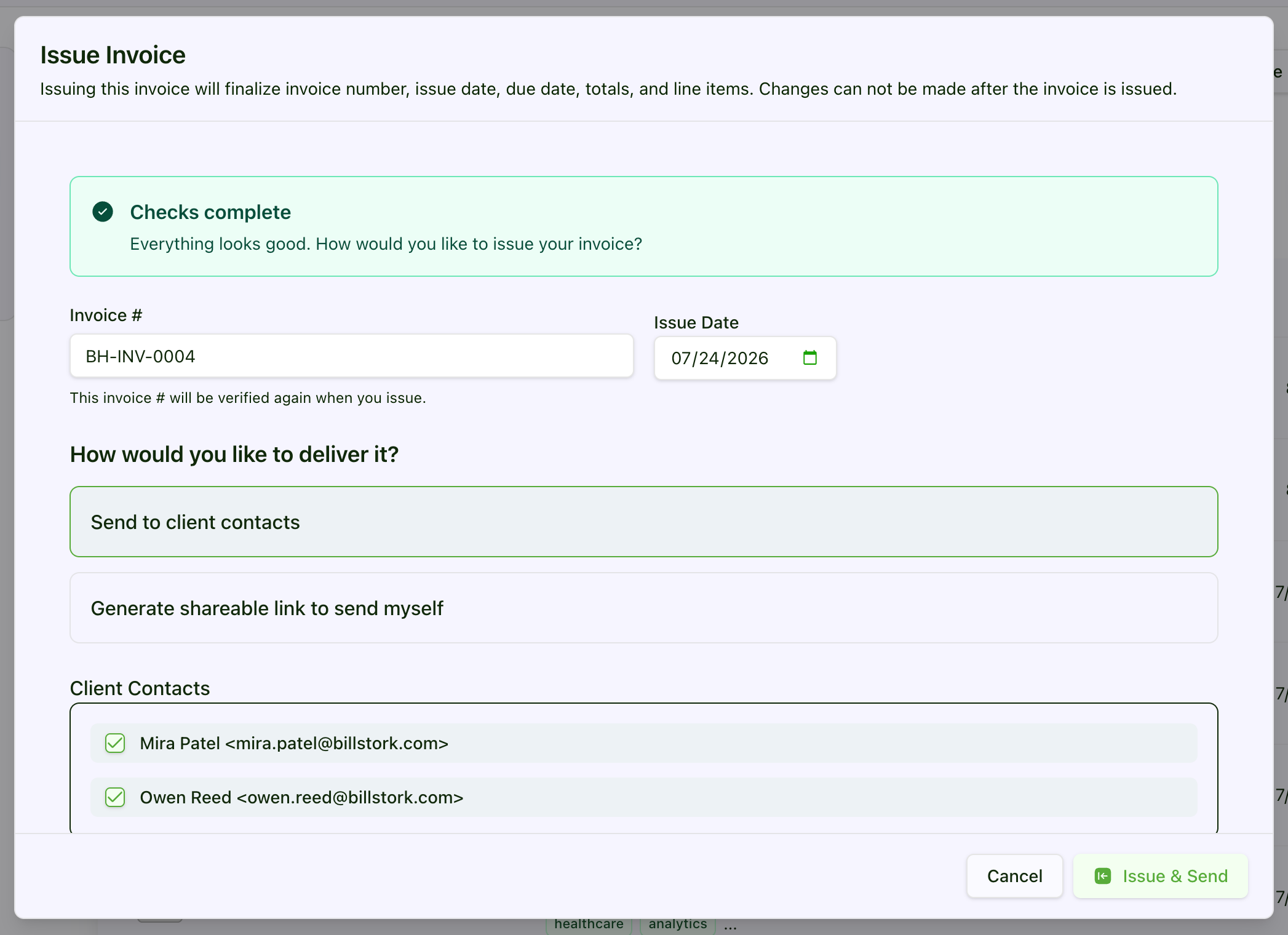 Billable Hub issue-invoice dialog showing completed checks, invoice date, and delivery options before sending