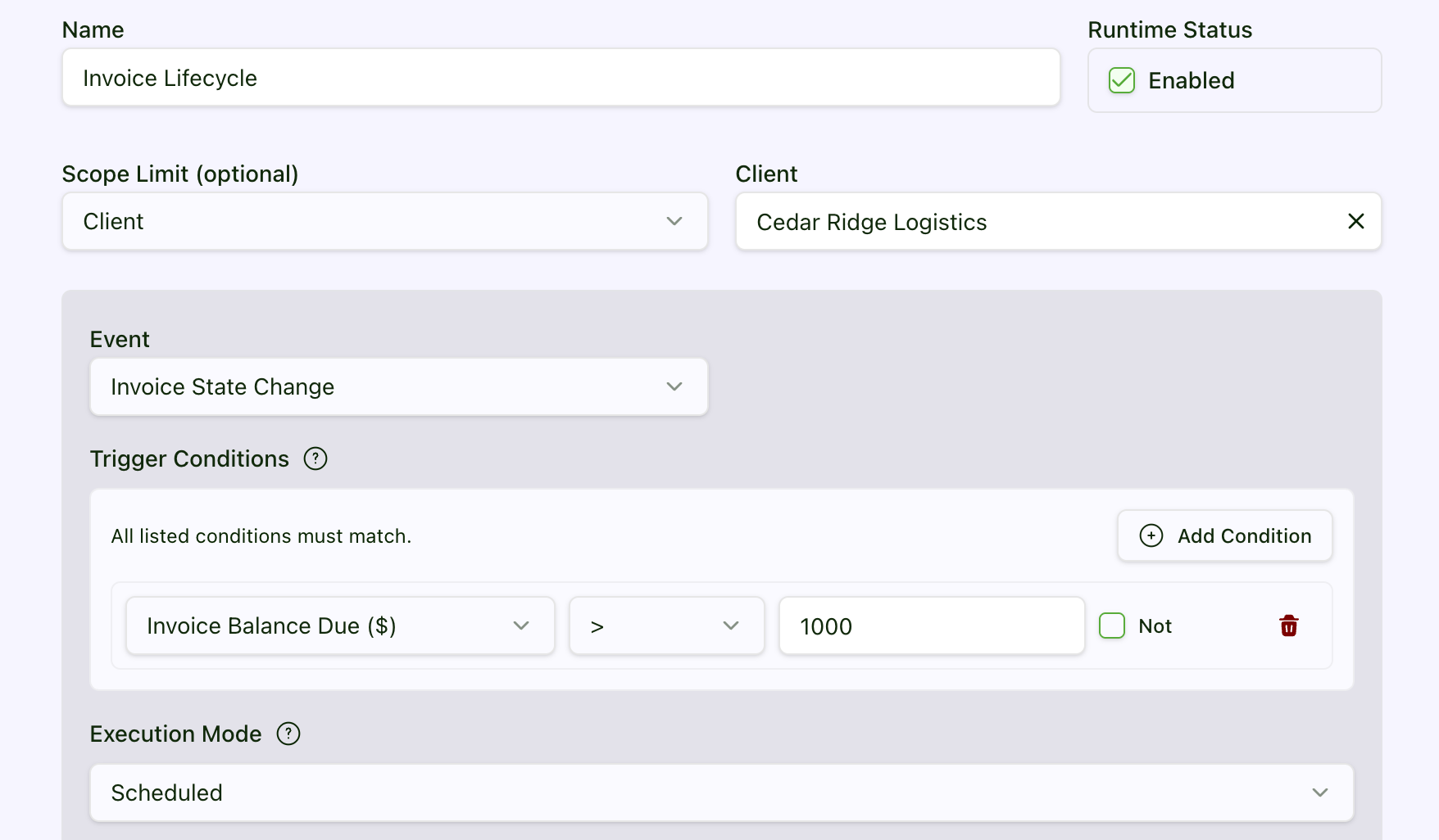 Billable Hub invoice lifecycle automation rule with client scope, trigger conditions, and scheduled execution