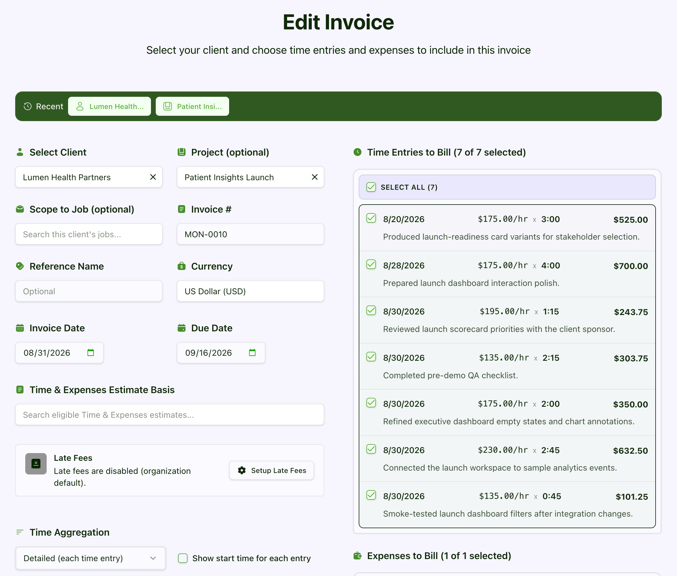 Billable Hub Edit Invoice screen with client, project, dates, time entries, and expenses