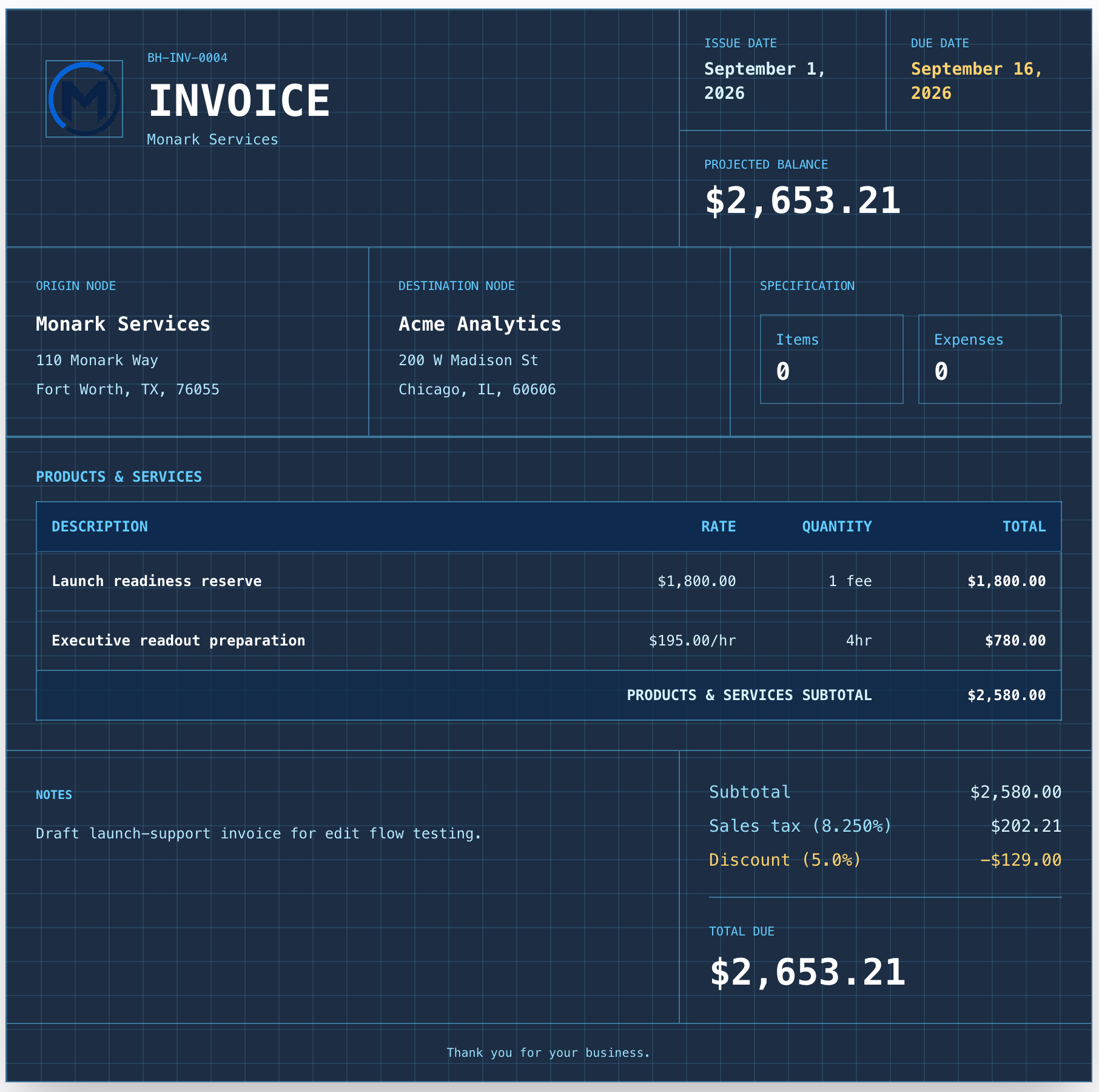 Blueprint-inspired navy invoice template with a cyan grid