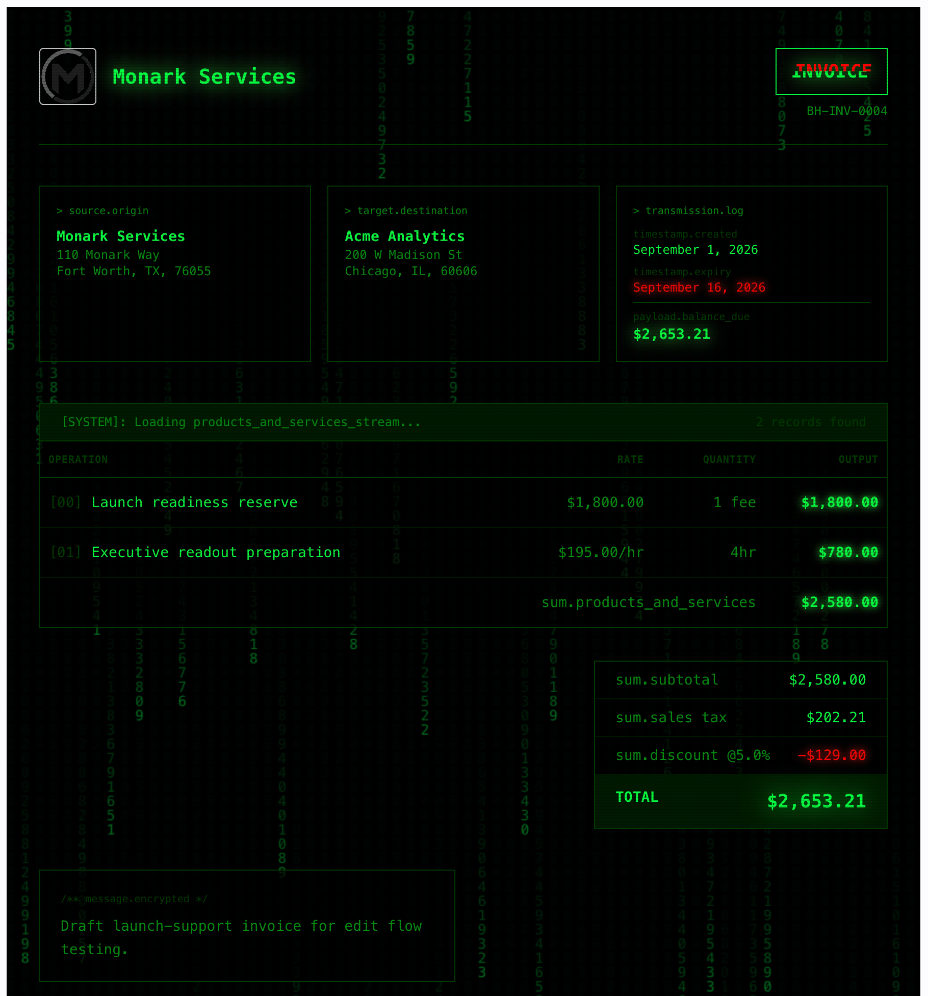 Cyberstream invoice template with matrix-style green data graphics