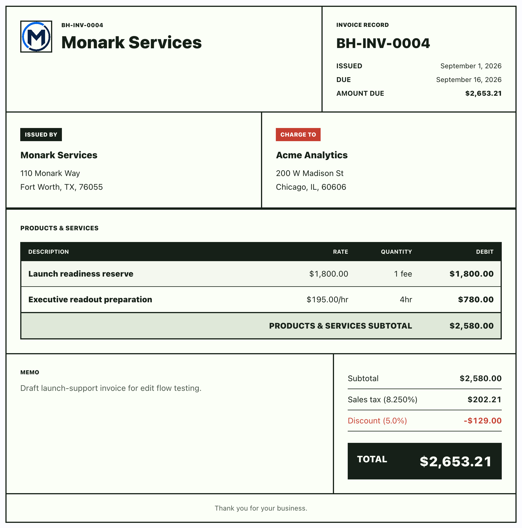Classic light ledger invoice template with bold black rules