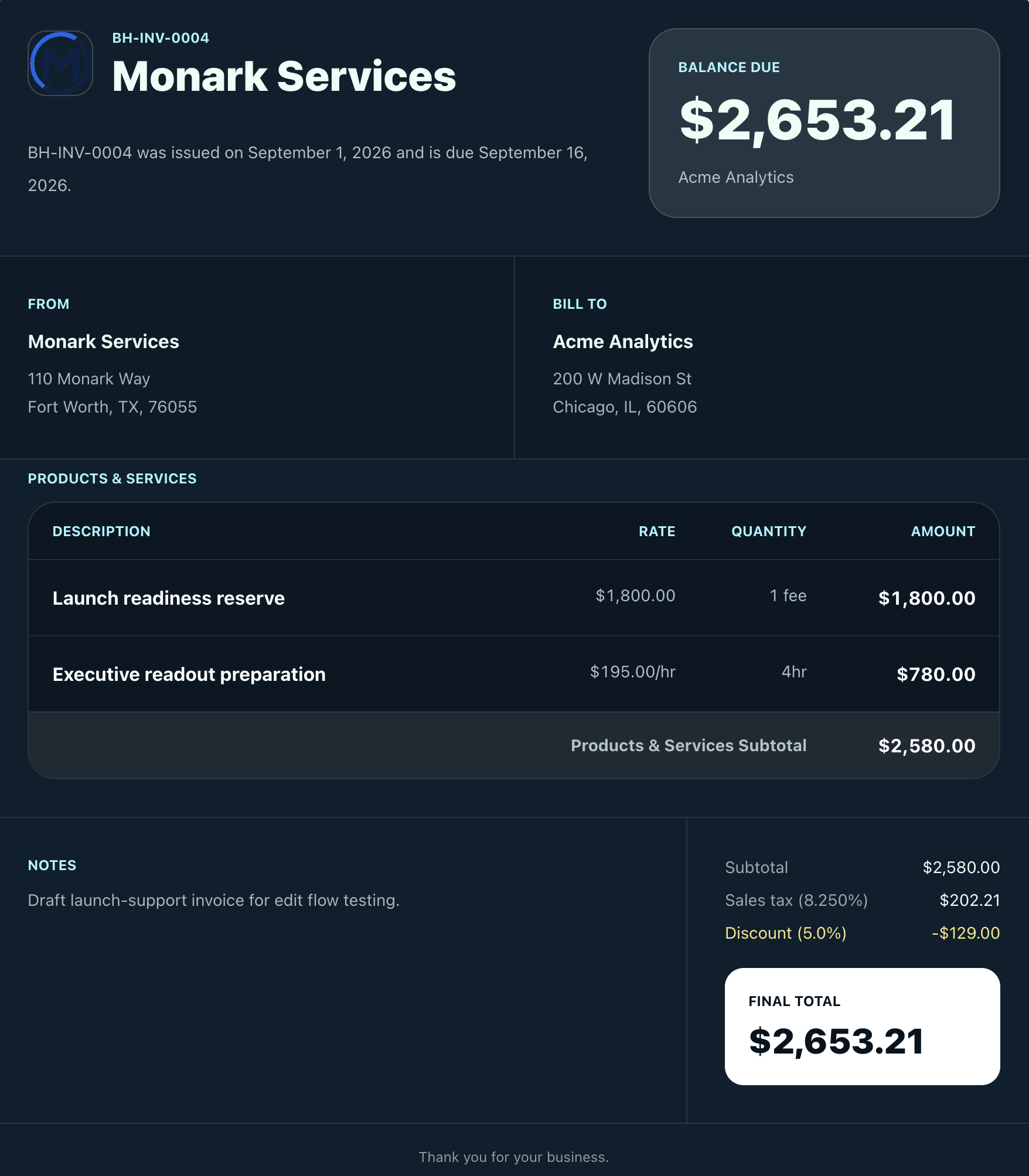 Dark navy invoice template with a balance-due card and structured product table