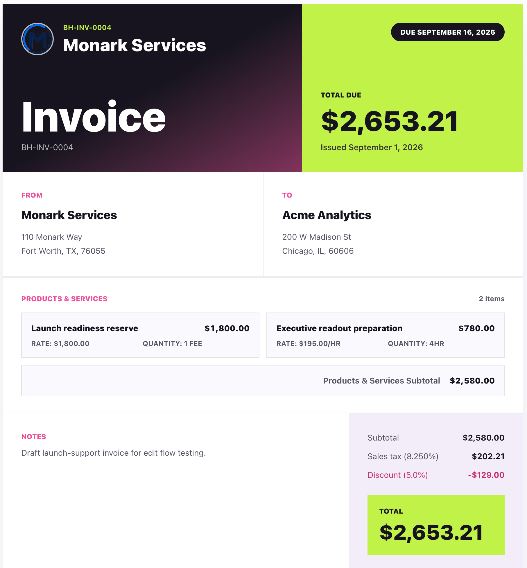 High-contrast invoice template with magenta and neon-lime panels