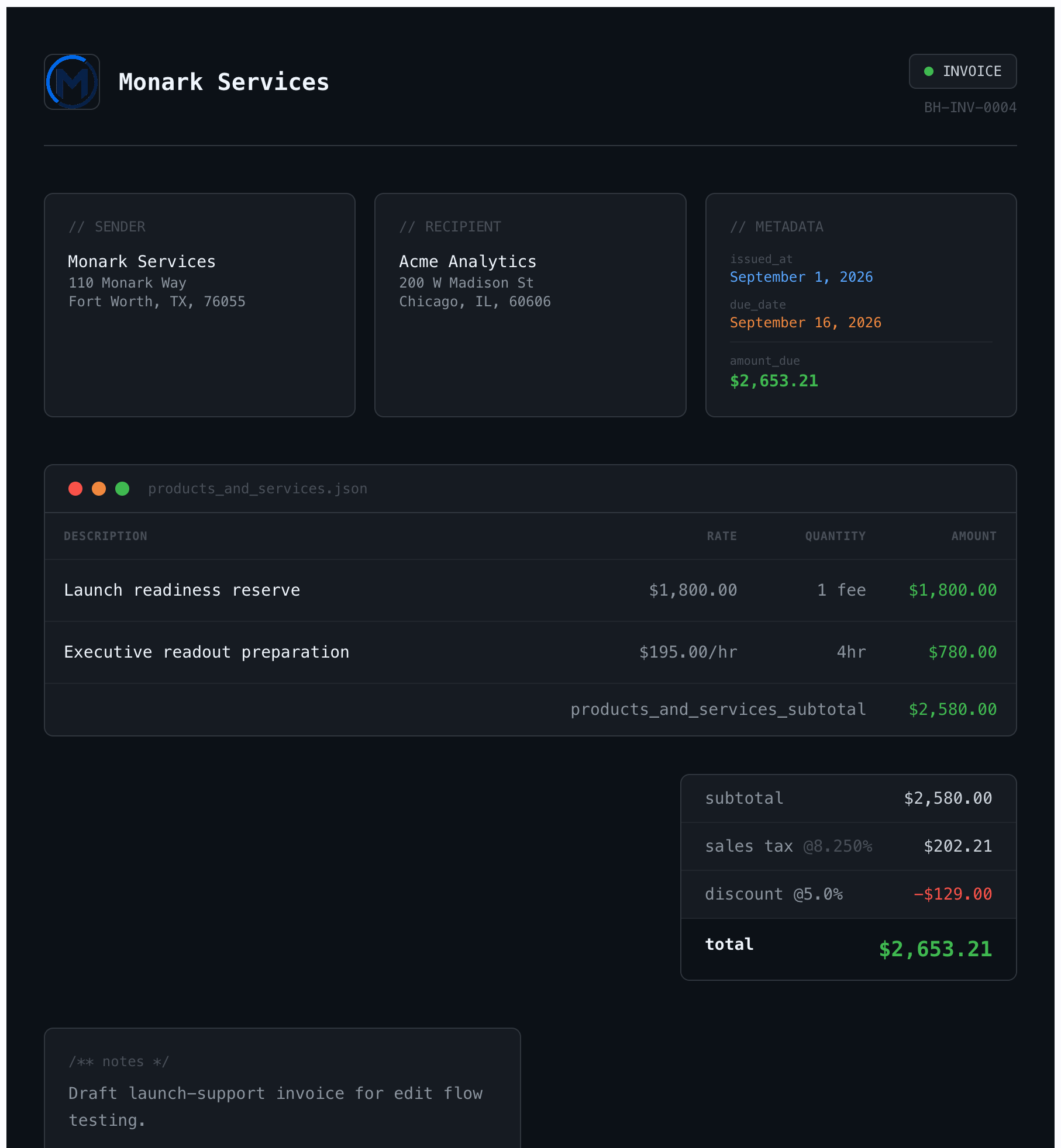 Dark terminal invoice template styled like a developer console