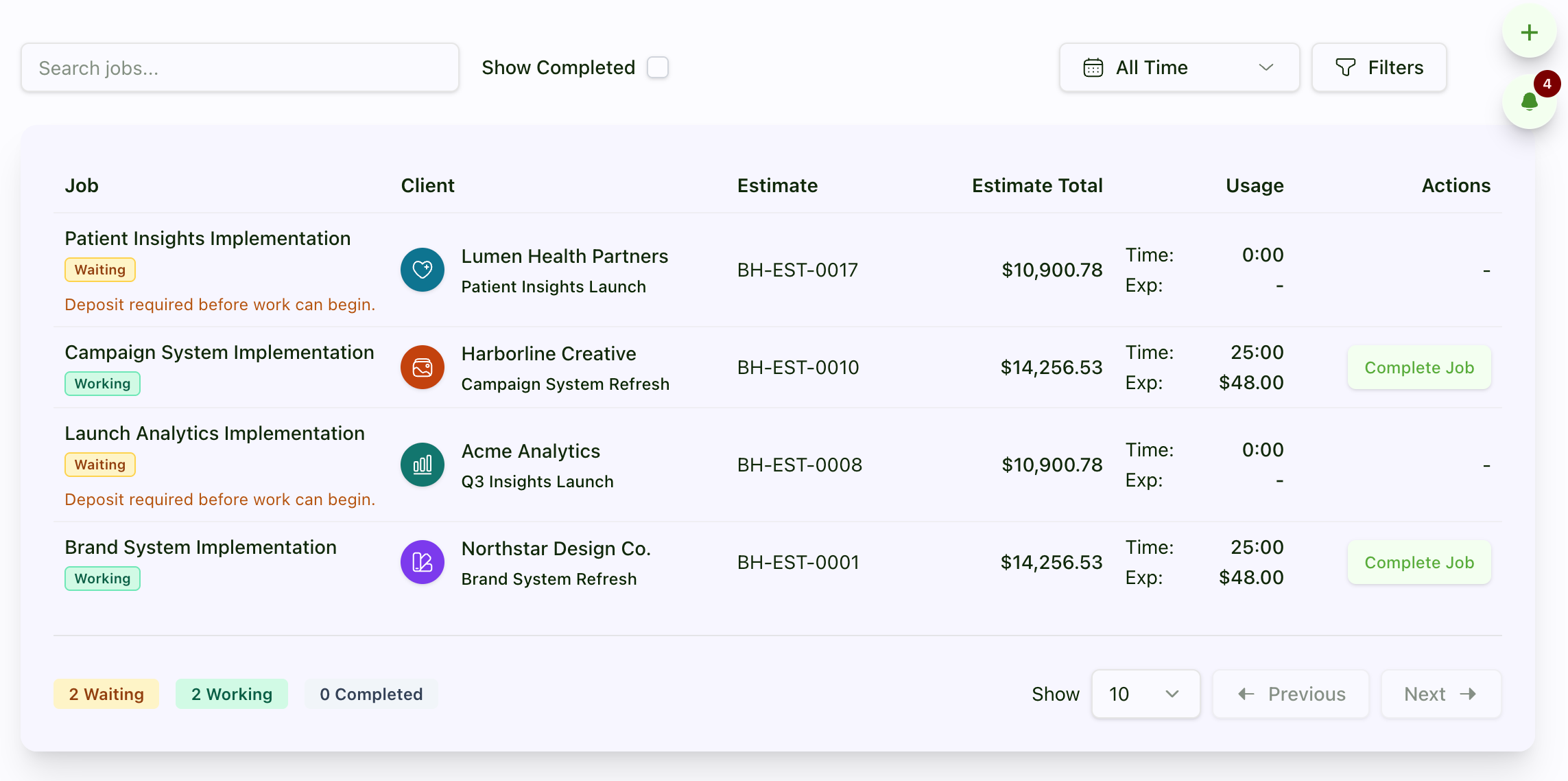 Billable Hub Jobs table showing waiting and working client jobs, estimates, usage, and actions