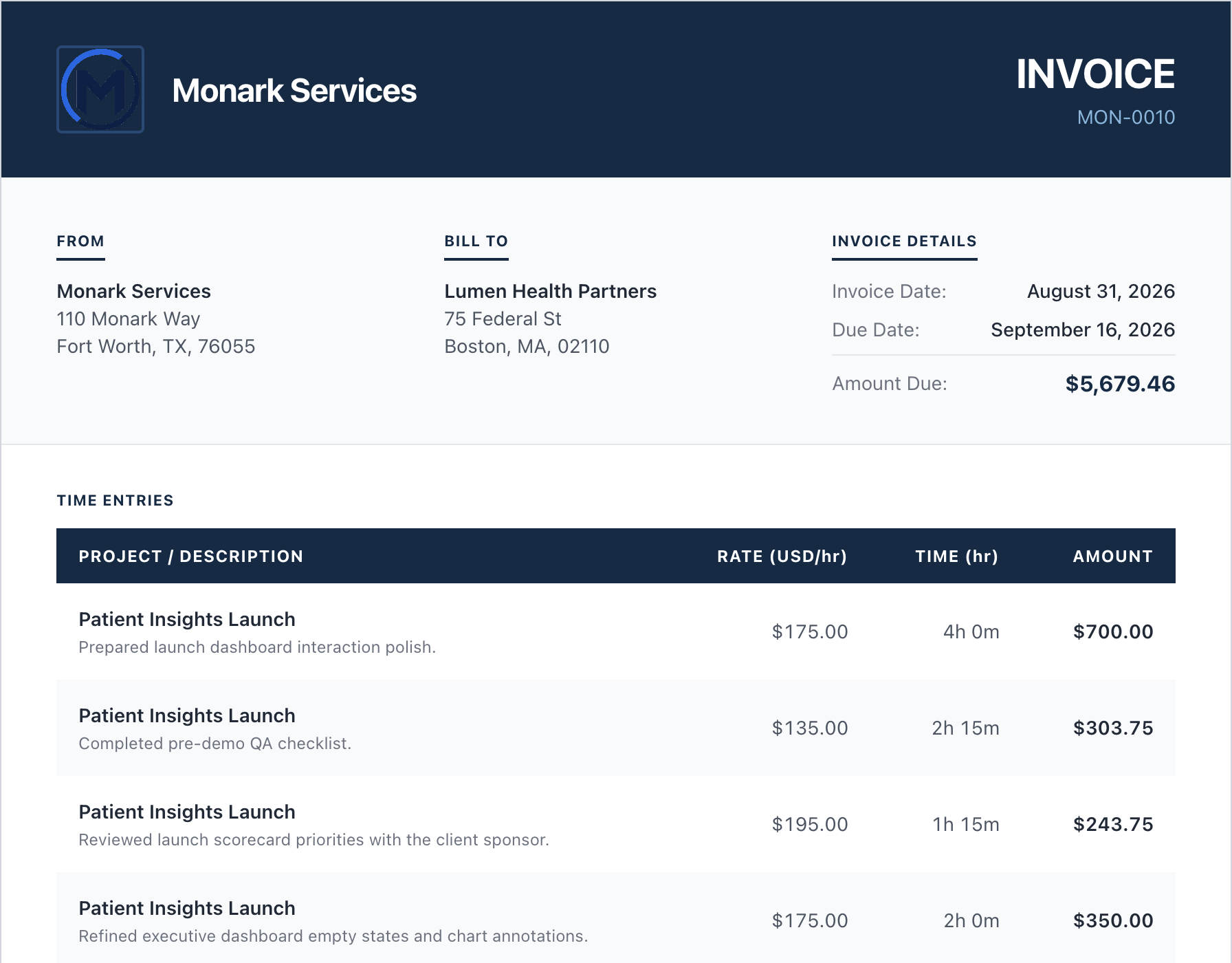 Monark Services invoice showing billing details and time entries