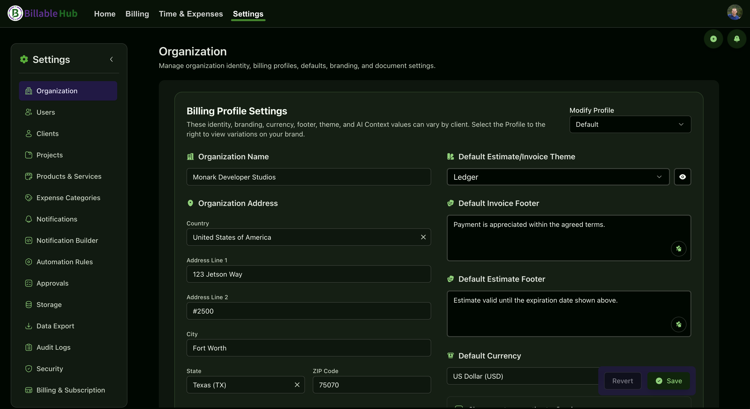 Billable Hub dark mode organization and billing profile settings