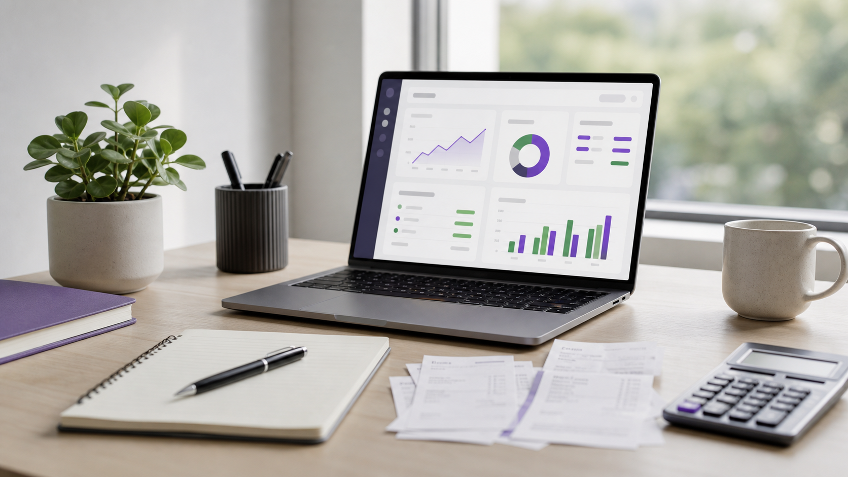 Billing dashboard on a laptop with reports, notes, and calculator